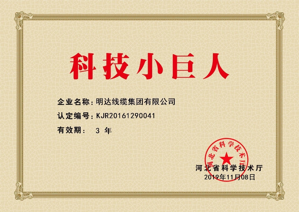 2003网站太阳集团线缆被认定为河北省科技小巨人企业