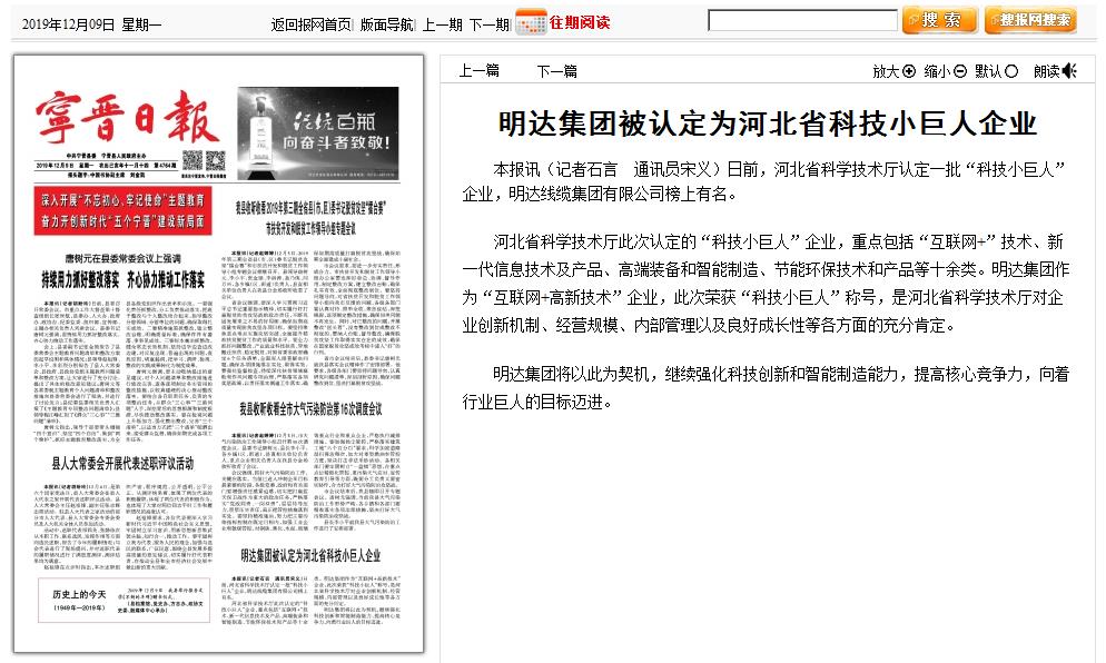 宁晋日报：2003网站太阳集团集团被认定为河北省科技小巨人企业 